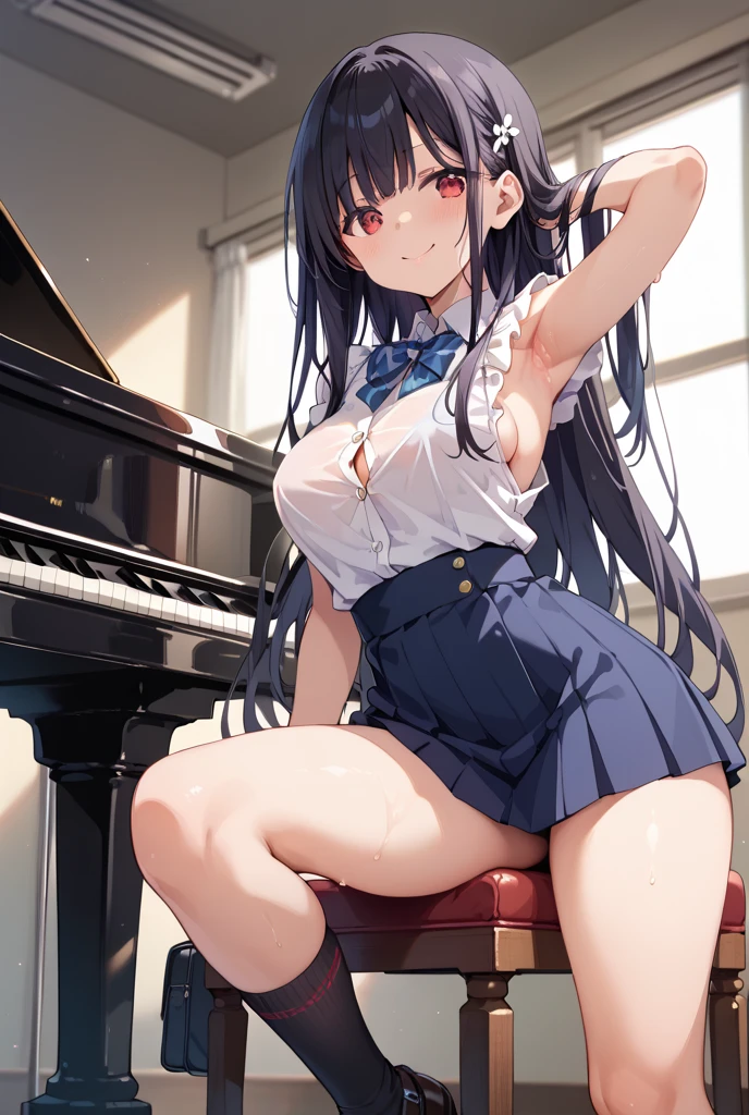 (masterpiece, highest quality, Very detailed, Best Shadow), (Beautifully detailed face), High Contrast,1girl,only,Dark brown hair,Straight Long Hair,Side Tail,Blue, clear eyes,Upper Eye,dress,She has big breasts,whole body,20generation,Playing the piano