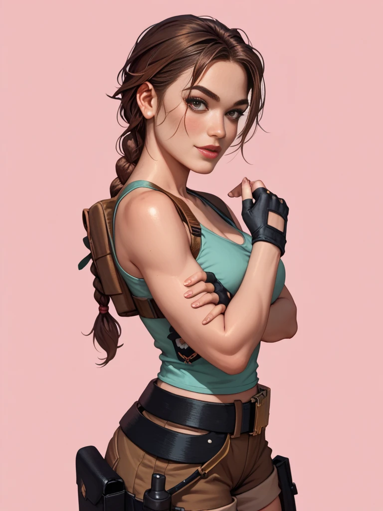 realism style, t-shirt design, centered artwork, 2D vector, watercolor, Lara Croft Tomb Raider, white background, Adobe Illustration, Trending on Artstation, hd, 8K, intricate details, vibrant eyes, gorgeous art, masterpiece, by Rafael Albuquerque , luminosity by REMBRANDT