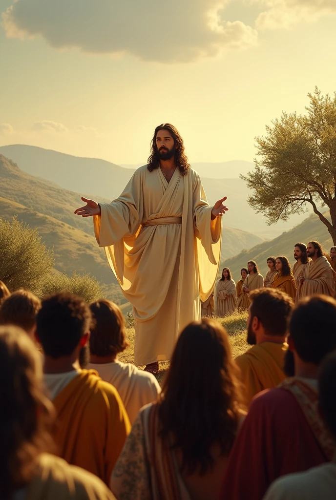 Jesus cristo estilo background realista , on the mount of olives preaching to the crowd , maintaining the characteristics of the era scale 9.16