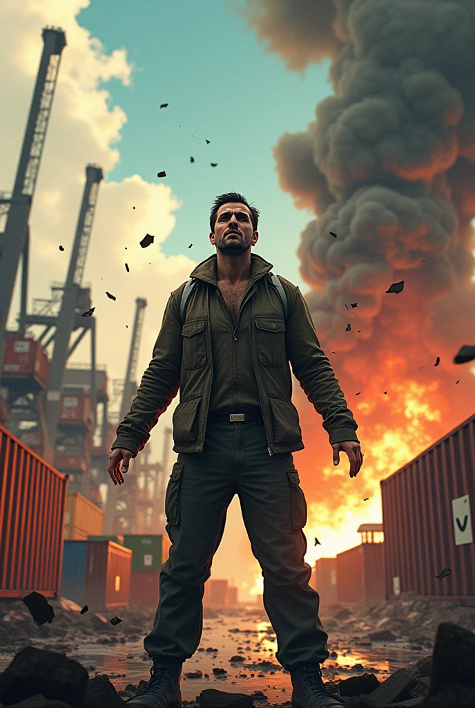Change the background to unique infrastructures and city outskirts, cinematic, keep the outfit same add sun in background and fire with smoke, realistic 8k