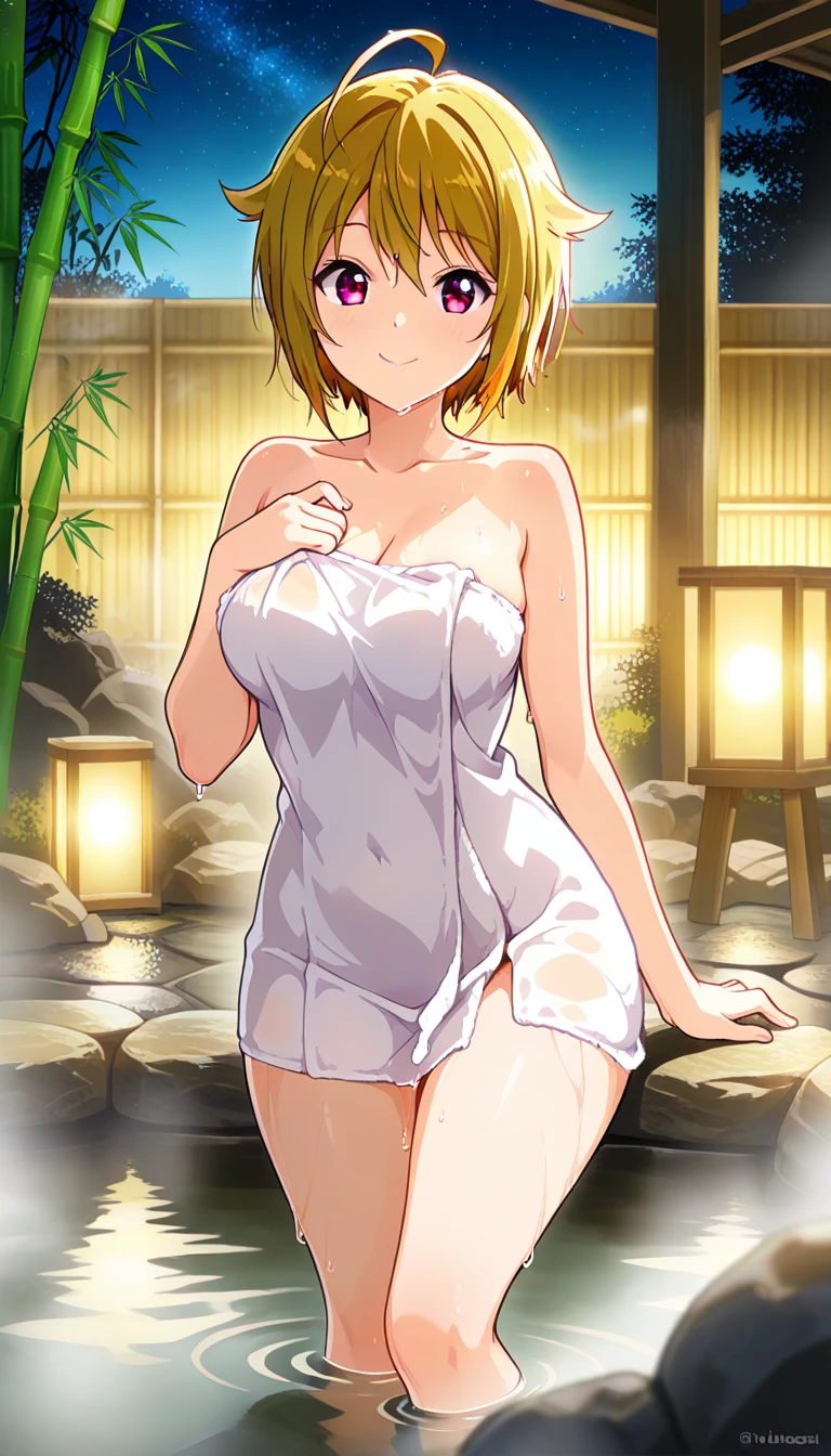 (masterpiece, best quality:1.2), solo, Android 18 from Dragon Ball, ((white long stripe yukata, thigh gap)), small breasts, short blonde hair loose, ((close eyes)), (wearing glasses), earrings on earlobes, slender feminine figure, skinny body, cleavage, light blush, chill, organized, simple, white-based interior, a few plants, cloudy sky, terrace, magnificent view, blur background, 4K, beautiful armpits, arms up behind, pantyshot, Japanese sandals, (pink string panties), open mouth