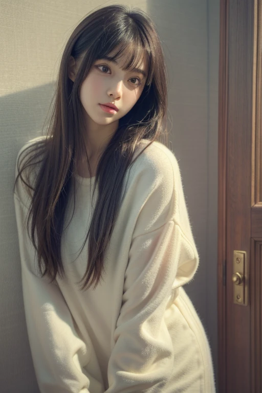 1 girl, Very bright backlight, alone, {Beautiful and detailed eyes},Autumn Day, Calm expression, Natural and soft light, silver hair fluttering in the wind, Delicate facial features, Blunt bangs, Beautiful Japanese Girl, Eye smile, Very small earrings, 29-year-old, ((Model pose)),(Colorful Hair, half red, Half brown hair:1.2), Fluffy grains, Real Hands, masterpiece, highest quality, Realistic, Very detailed, Finely detailed, High resolution,Brown messy hair, Perfect dynamic composition, Beautiful fine details, Asian Girl,((Feeling anxious and embarrassed.)),Sharp focus, beauty mix, Film Girl,smile,(Wearing a sexy oversized knit sweater,meanwhile:1.3),Nice butt,Tight jeans