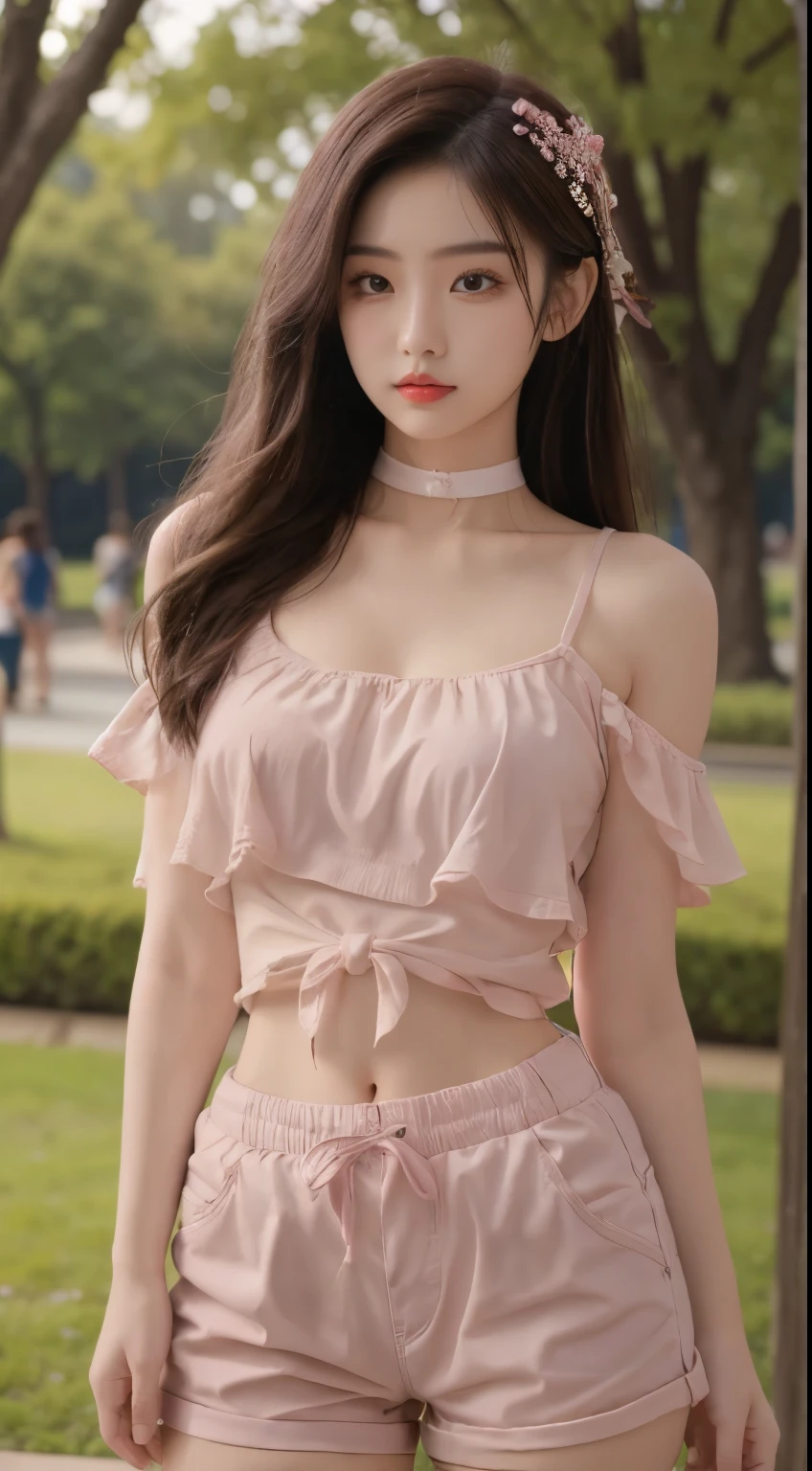 ((Masterpiece, ultra detailed, best quality, 8k, Potrait, RAW Photo)), a young Asian female (Celebrity/model), pale skin, (layered hair), wearing a cross over top and shorts pants, a slim and thin body, has perfect shoulders and waist, a perfectly thin face, wide eyes, red lips, wearing blush on, (cutely pose). (Ulzzang girl), the setting is a public park.