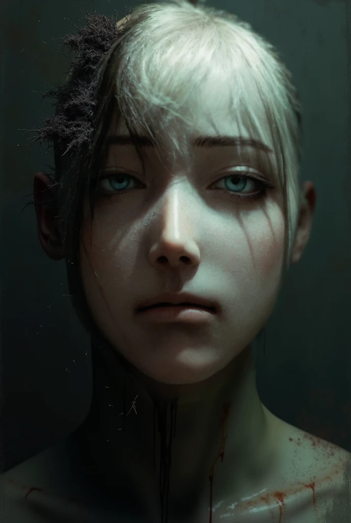 close-up portrait of a person with their skin completely cracked and dry, like a parched desert. The cracks are deep and jagged, revealing layers of flesh underneath. TikTok ratio format 