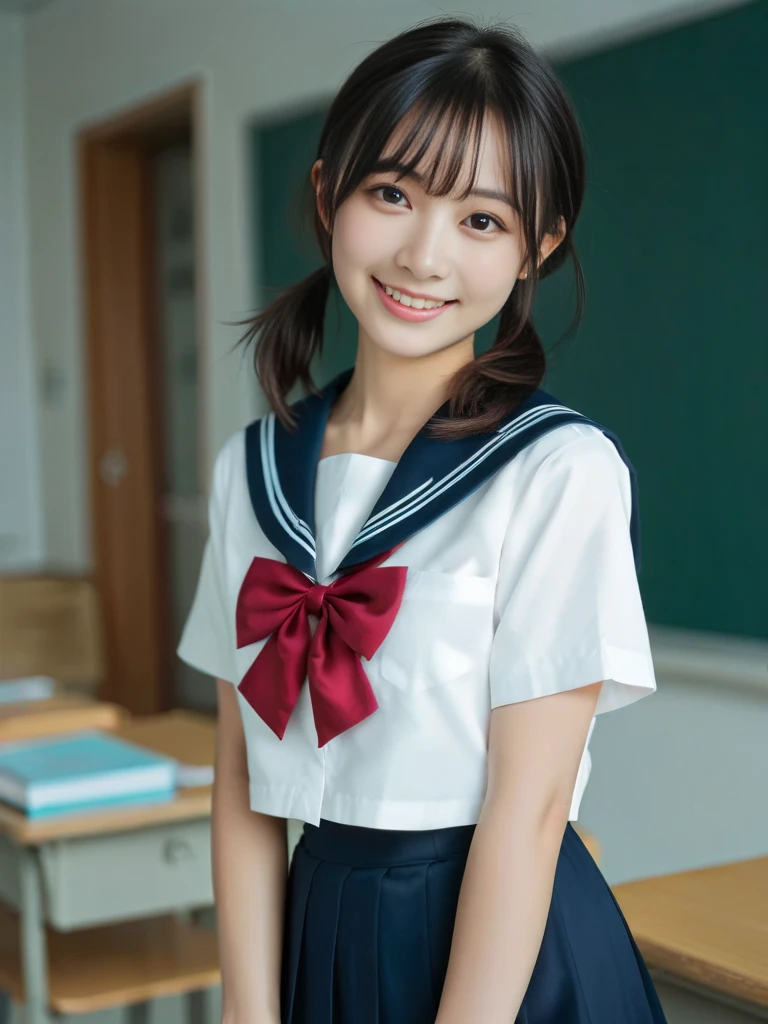 (A gorgeous Japanese idol, age 22, in a cafe, wearing serafuku, seifuku, school uniform, sailor moon, jk uniform, high-school uniform, pleated mini-skirt, red ribbon, red bowtie, sailor hat, knee high socks,
Easygoing expressions, kind smile, dimpled cheeks, cute snaggle-tooth, short bob hair, cute ponytail, symmetrical face, realistic detailed face, beautiful detailed eyes, perfect body anatomy, hourglass figure, ample round bosoms, huge breasts,
Raw photo, photorealistic, realistic portrait, hyper-realism, high contrast, ultra HD, realistic skin textures, top image quality, top-quality, super high resolution, fine details, very meticulously, masterpiece, medium shot, close-up shot, cowboy shot, High Angle Shot, bokeh background, SFW, Safe For Work)