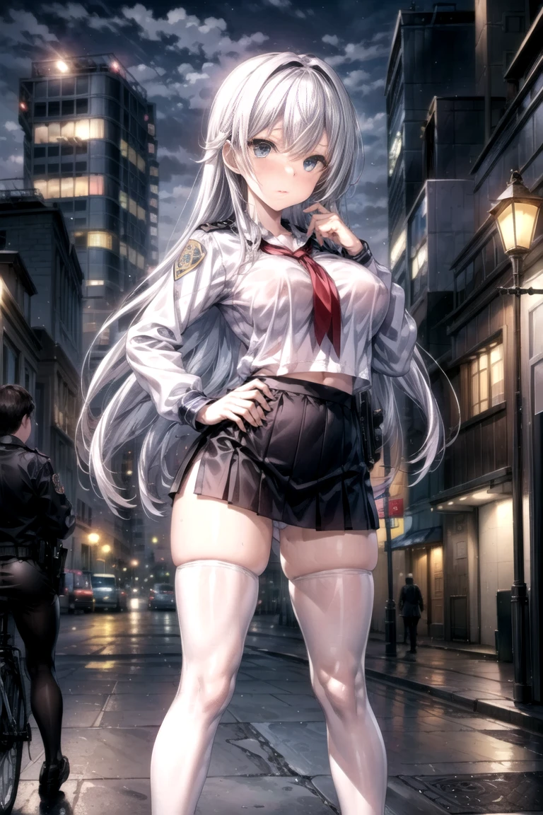 Highest quality、Ultra HD、One Woman、(Silver long hair 1.3)、(Green blazer 1.3)、(White tight mini skirt 1.3)、(Black tie)、(Black loafers 1.1)、((1 who has a gun.2))、(Large Breasts)、(Thighs)、(Black knee-highs 1.2)、(Beautiful face with sharp eyes 1.2)、40-year-old woman、Slender body、(Night city background 1.2)、((Clear and beautiful touch))