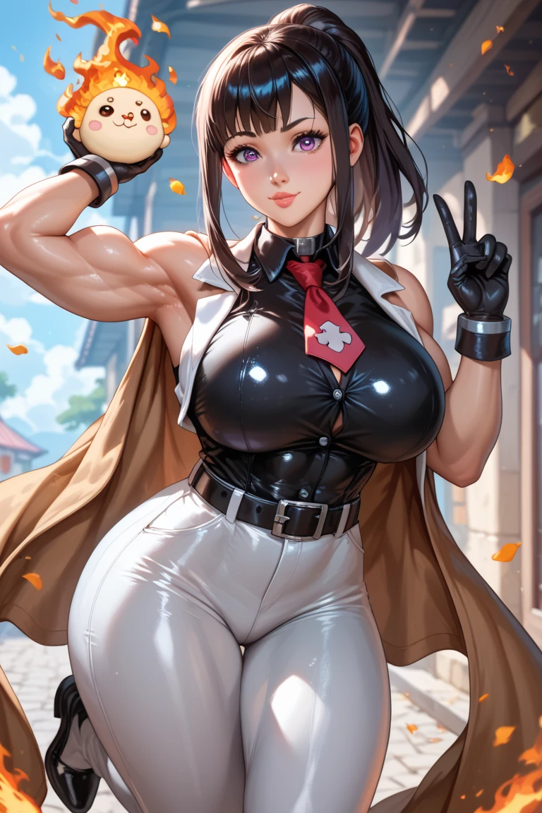 masterpiece, Boku no Hero Academia, Highres, Solo, Yaoyorozu Momo, lustful face, , big breasts, wide hips, tail, , suit and tie, white dress shirt, floating breasts, facing the camera directly, facing forward, nipple bulge, covered nipples, huge tall shirt collar, formal shirt collar, tall collar, high collar, big red necktie, extremely formal skin-tight clothing