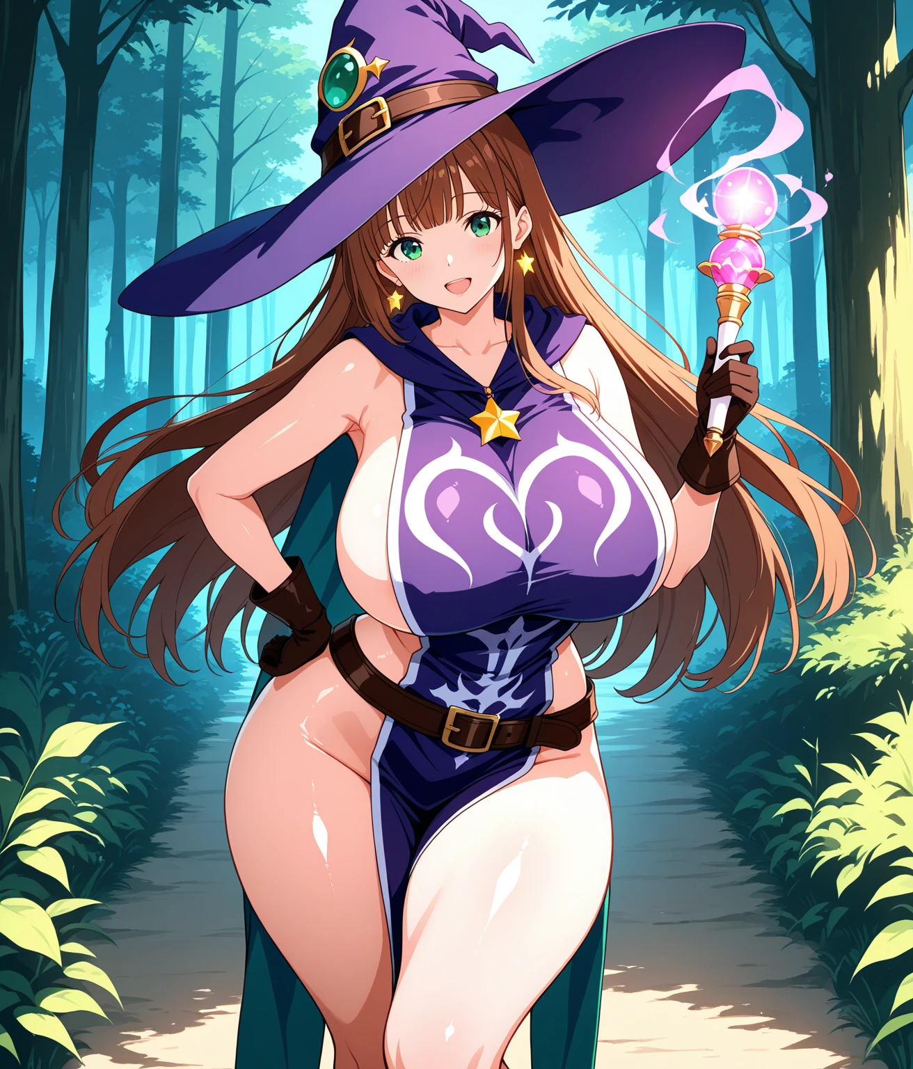(Masterpiece, Best Quality, High Quality), volumetric lighting, illustration, beautiful, cowboy shot,kousaka honoka, blue eyes,mini skirt, large_breasts, thighhighs, gloves, hat, jewelry, earrings, glasses, belt, star_(symbol), witch_hat, clothes_pull, halloween, sexy witch, broom_riding, navel, exposed crotch,sweaty