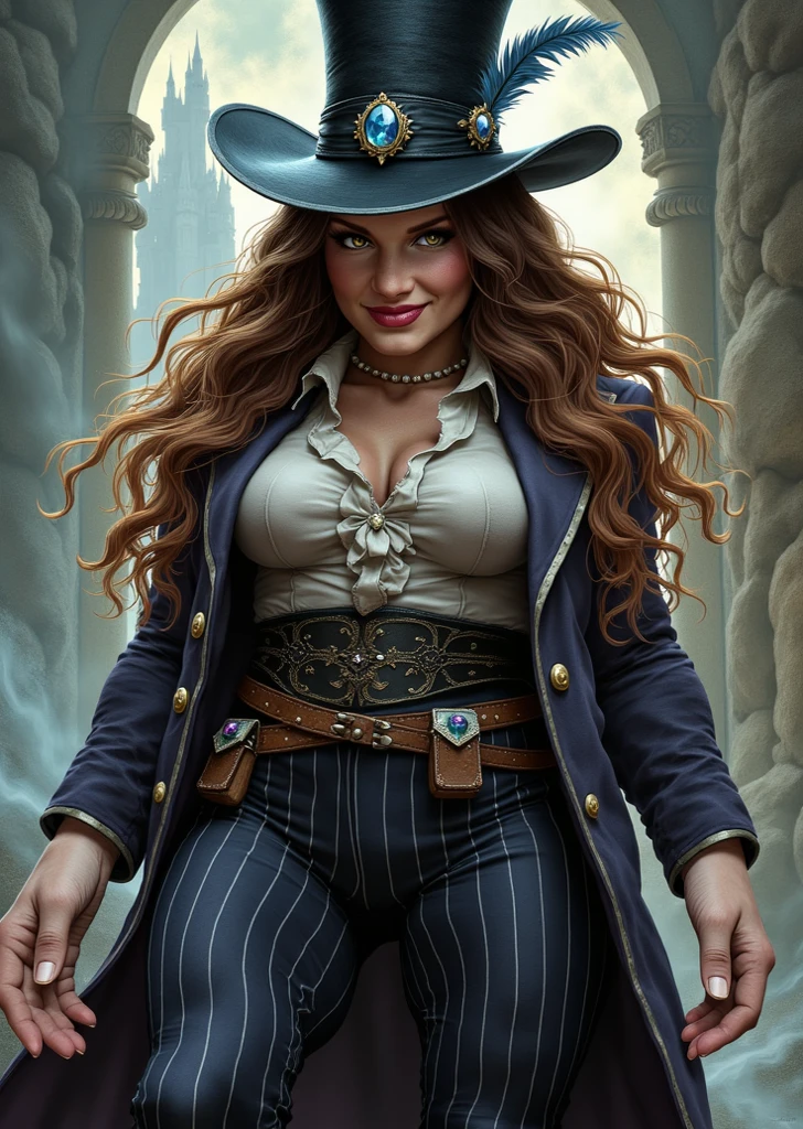 arafed woman in a corset and hat with a red cape, realistic character concept, female lead character, snow white as a d & d fighter, character full body portrait, full body character portrait, human :: sorceress, female character, female pirate captain, post - apocalyptic cowgirl
