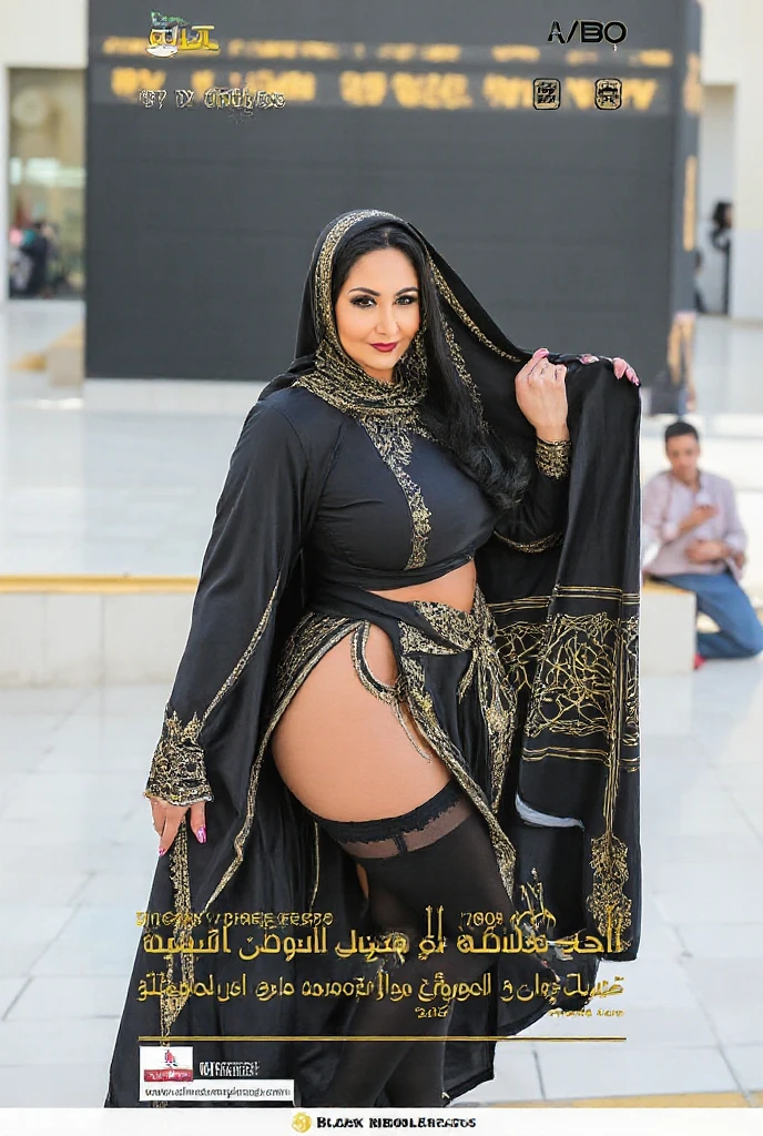ultrarealistic soft focus photo of a 30-year-old thicc woman, dynamic pose, control tower, smiling, wearing Abaya Style Suit with intricate lacework and filigree