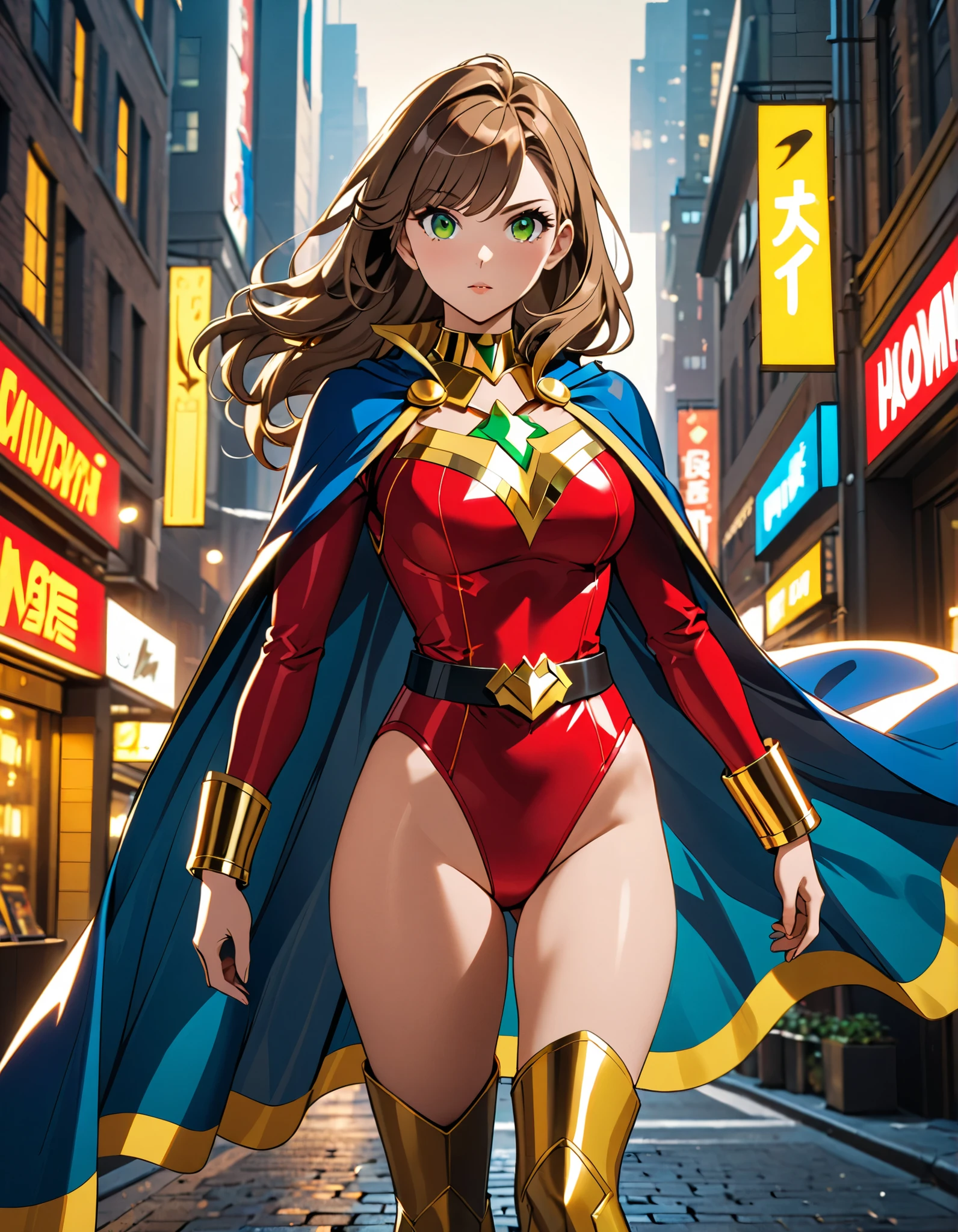 (masterpiece), (best quality), (high res), 1lady, tall body, beautiful detailed eyes, beautiful detailed face, perfect hands, complete fingers, perfect anatomy, perfect proportions, ((brown hair, medium hair)), ((green eyes)), ((leotard, red leotard, matching leotard, bare legs)), ((boots, matching boots, knee-high boots, yellow boots)), breasts, medium breasts, (full body portrait), looking at viewer, solo, solo focus, cowboy shot, new york backdrop, (belt, tight belt), (blue sleeves, yellow cuffs), (yellow hawk symbol on chest), (medium cape, light blue cape), full body costume design. ((raised arms, spins fast in place like a tornado, she spins at an incredible speed, creating a whirlwind of air around her, cyclone spinning)), ((spiral lines, spinning energy pulse around her)). Curved Sword Slash.
