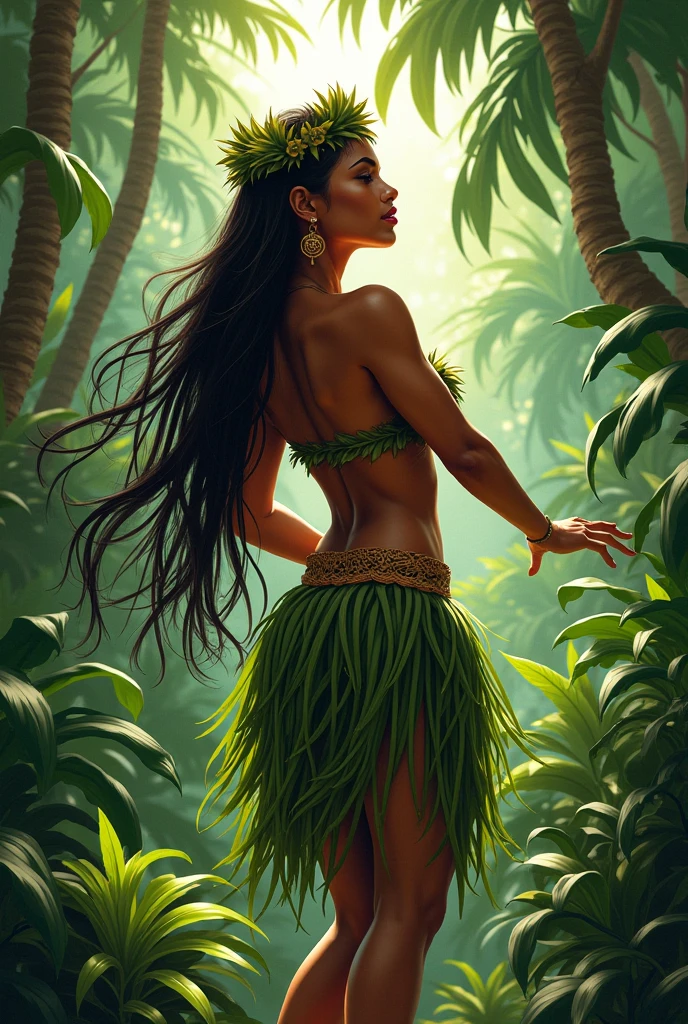 Hawaiian woman wearing a garland of flowers, girl wearing a lei, grass skirt, barefoot, topless
