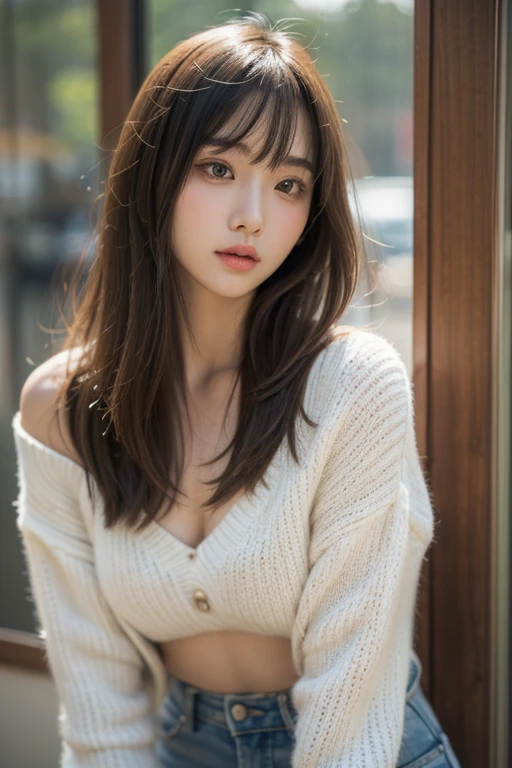 (((masutepiece:1.4, Best Quality)), (1girl in), (Perfect Anatomy), BREAK,  Cute Girl, (hair messy), (Light orange eyes), Small breasts, facing,Short knitwear、