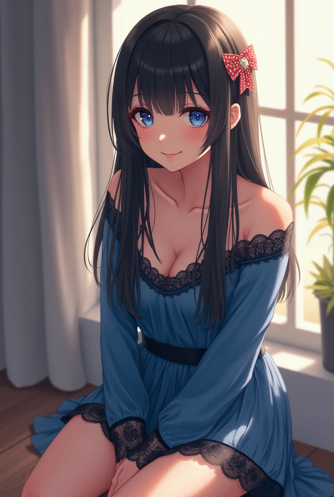 anime illustration of beauty young woman, appearing at window, looking at viewer, {she wears light-red sleeveless shirt with necklace and prussian-blue denim pencil mini skirt}, vivid colors, anime style, (1girl, solo, full body), (masterpiece, best quality),