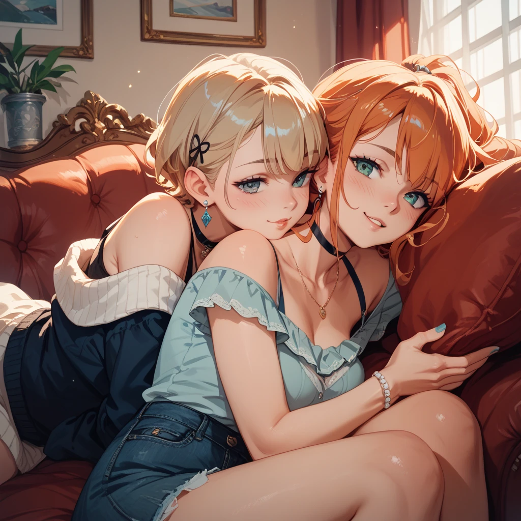 Huge boobs, titsnipples, (Night:1.7), Cyberpunk_CityView, before the window, sitting at attention, sitting on the couch, (orange_tank_top:1.3), White_short_panties, blonde_hair.long_hair, 1 girl, 20yo, mature female, cute finger, beautiful long legs, beautiful body, beautiful nose, beautiful character design, perfect eyes, perfect face, looking at the viewer, NSFW, official art, extremely detailed CG unit 8k wallpaper,  perfect lighting, colorful, Bright_Front_face_Lighting, (masterpiece: 1.0), (best_quality: 1.0), ultra high res, 4K, ultra-detailed, photography, 8K, HDR, highres, absurdres:1.2, Kodak portra 400, grain film, blurred background, bokeh:1.2, lens flare, (vibrant_color:1.2) (Beautiful,large_Breasts:1.4), (beautiful_face:1.5),(narrow_waist),
 INFO --auto