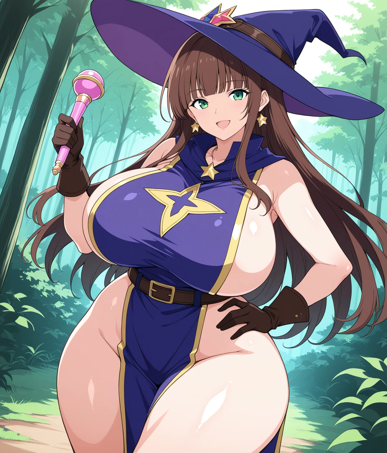 (Zoomed out:1.0)Book, (Full body:1.0)(massive sagging drooping breasts:1.0),smiling, flirty, cute Sfw, Lisa, witch outfit, witch hat, default clothing, library, standing, wooden table, tablecloth, tea , looking at viewer