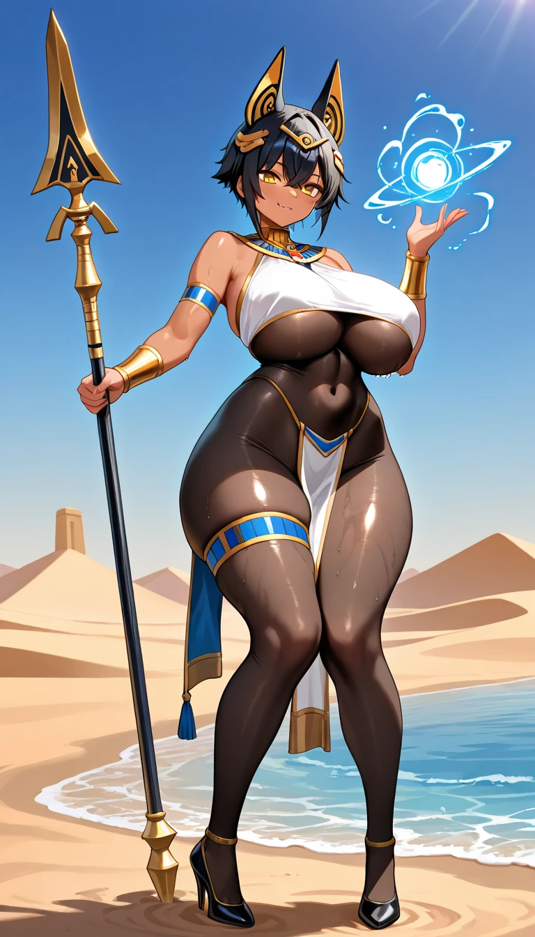 4K Quality, sexy smile, sexy pose, black woman, (dark skinned), (black and gold egyptian dress), standing up, ((black and gold braids)), (dark skinned), thick thighs, big breasted, big ass, looking at viewer, amber eyes, night time, bedroom eyes, full body, egyptian city background,