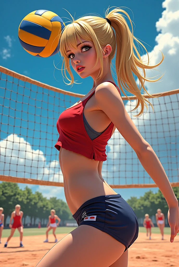 Best Quality, masutepiece, High resolution, (Photorealistic:1.4), Raw photo, 1 beautiful girl ,Dynamic Angle,female volleyball player ,small head,Large breasts,Narrow waist, nice legs,Glowing skin, Sweat,At the volleyball venue,(Detailed beautiful face:1.4),detailed skins,Detailed eyes,detailed hairs,smash a ball