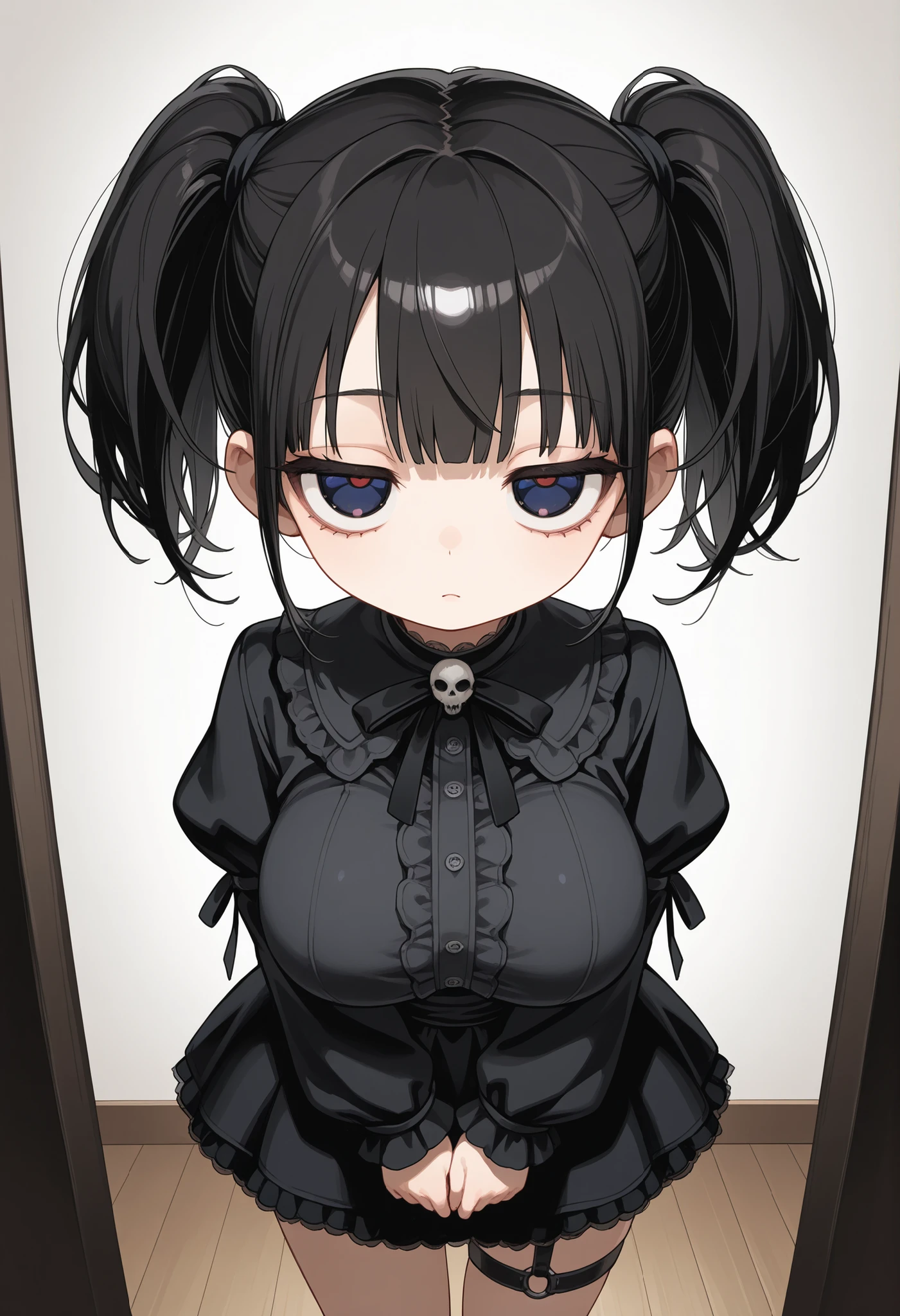 masterpiece, ultra detailed, cute girl, black hairstyle, big eyes, big head, solo, large breast, Gothic ta, ゴスロリ, short twin tails tied near the ears, half-lidded eyes, deadpan stare, garter rings