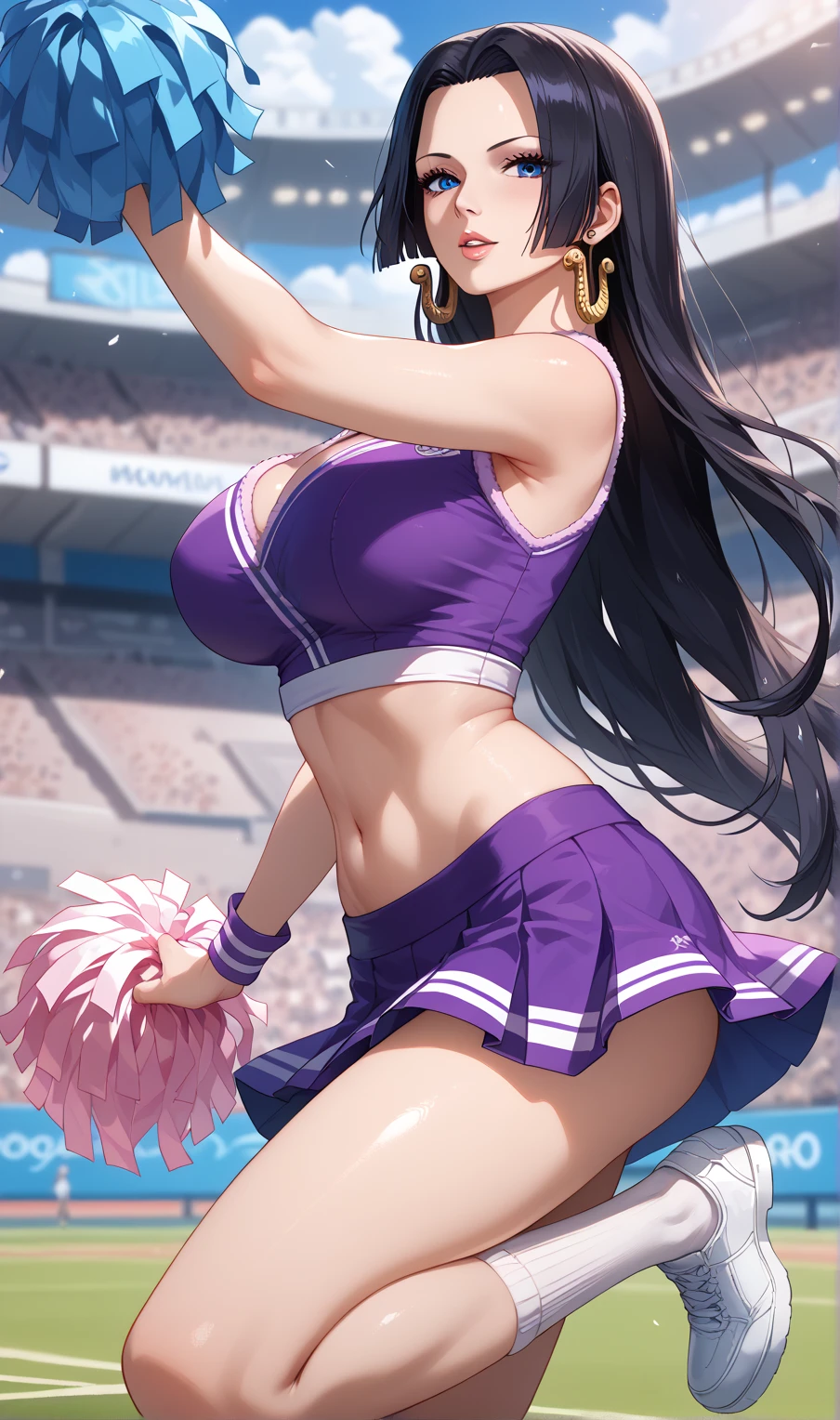Masterpiece ,best quality , high resolution , ultra detail , colorful , soft light , mild light , sunlight , shinny , (perfect fingers , Detailed fingers, perfect hands) , (1 girl solo:1.38) , (Misato katsuragi) , (black eyes, ponytail , purple hair, medium_long_hair, make up, necklace, tall, slim body,) , (cheerleader , cheering , holding pom pom , skirt , navel , belly , stockings , head tilt) , (cleavage:1.15) , (big breast:1.1) , (outdoor , gym,Playing field,Cheerleading ,Strong winds,gale,ribbons flying,victory) , (standing cowboy shot) , ( full face blush , shy , smile , open mouth) , (back view , from behind , head back , looking back)