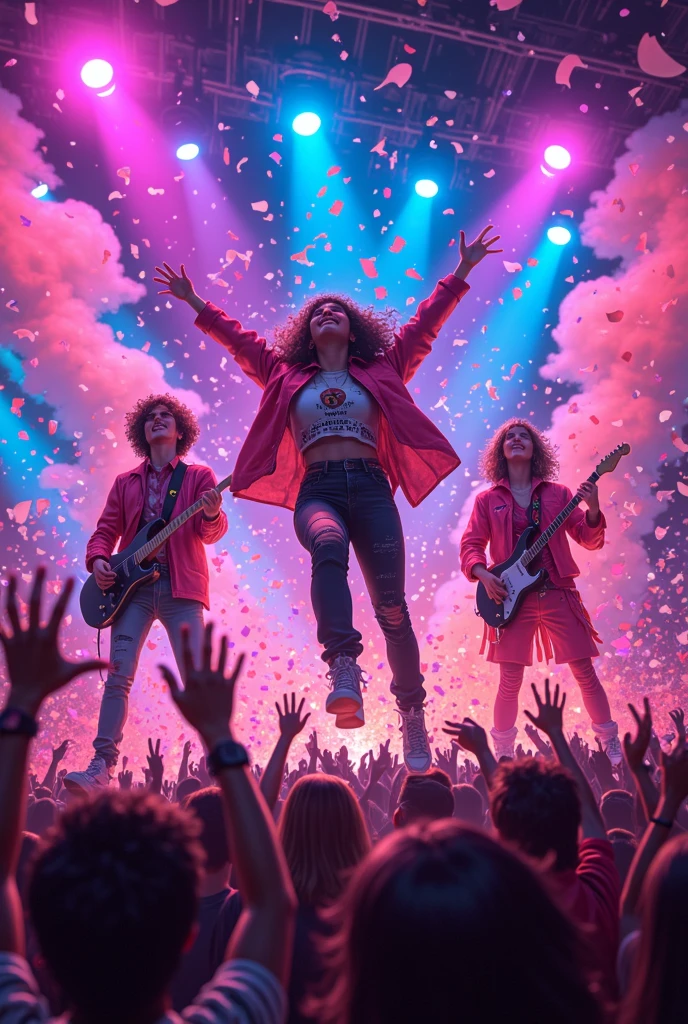  masterpiece, best quality, high resolution, 8k,realistic, photo realistic: 1.3,((Live music performance, funky music band)),Cool and pop design poster style,anime illustration,Pop & cute, the stage explodes with excitement!, the extravagant production, the enthusiastic crowd, neon lights and crazy fans,Shouting vocals, flashy production, fireworks, smoke, flower petals flying: 1.8, confetti flying: 1.7, colored paper streamers flying: 1.7, the  of a music festival
