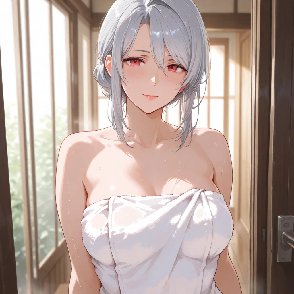 masterpiece, best quality, AliceKV4, 1girl, solo, looking at viewer, smile, parody, anime coloring, ((upper body)), big breasts, room, bed, indoors, nude, towel, bath, bathroom,