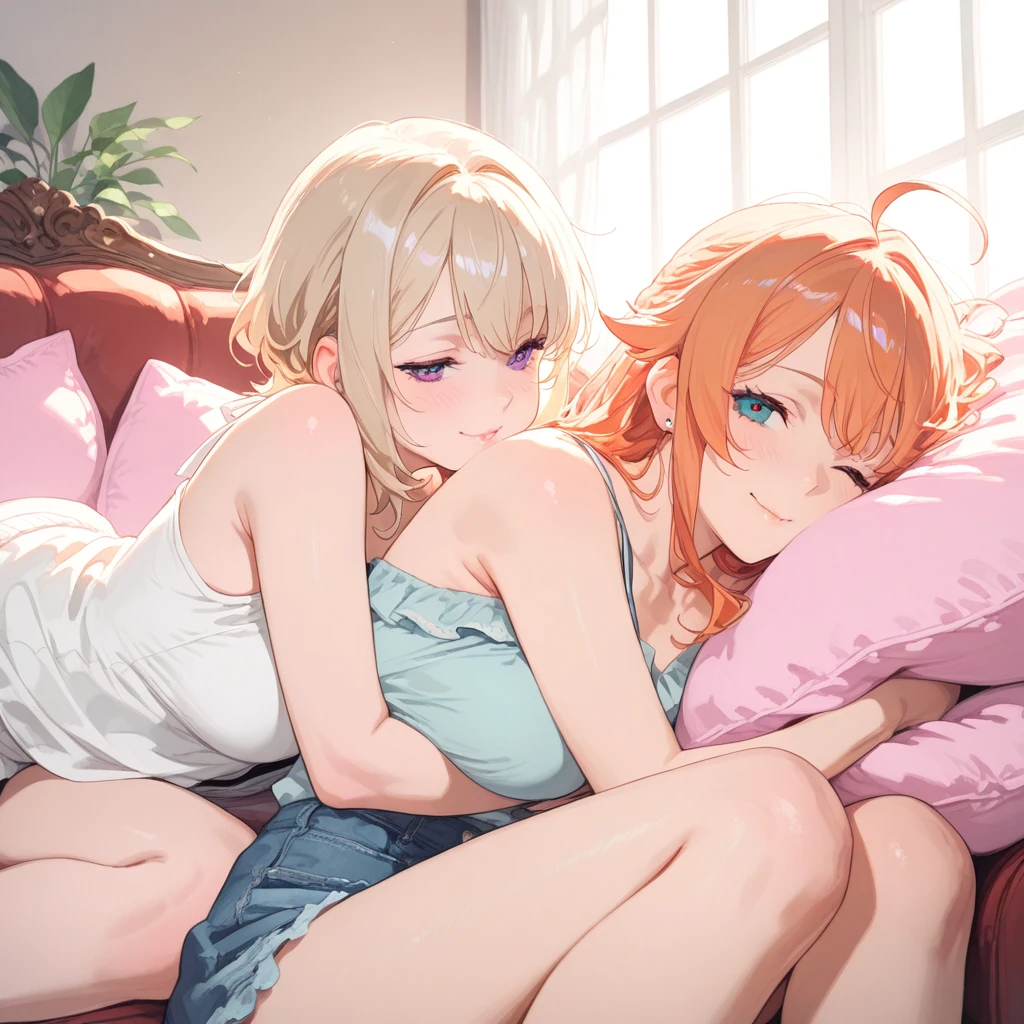 NSFW, Extra large breasts, Marin Kitagawa long blonde hair with red streaks with her lower half being Makima from Chainsaw man red hair orange spiral eyes, both girls blushing