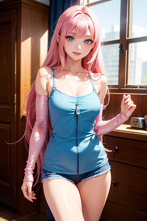 ((highest quality)), ((masterpiece)), (extremely detailed), kukolnydom, doll, mature woman, solo, cowboy shot, dynamic pose, seductive smile, pink hair, long hair, hairband, blunt bang, blue leotard, gym, 8k