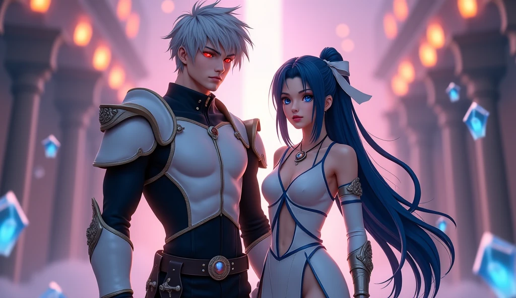 A man character with the power of ice and his girlfriend with the power of purple