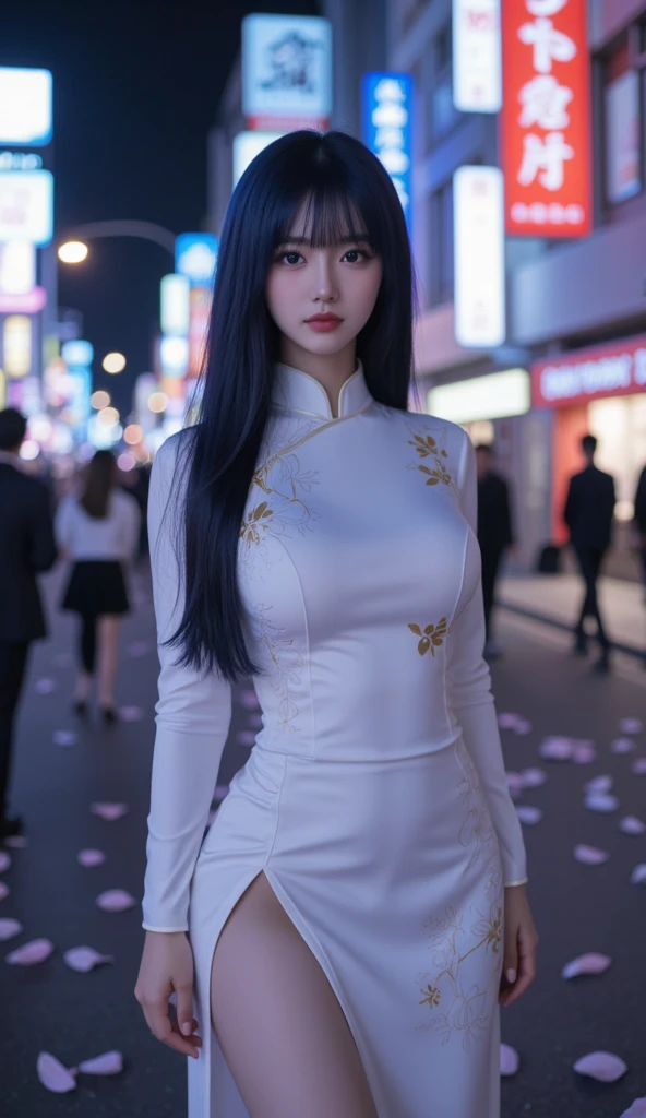 emma, a young asian woman, beautiful detailed eyes, beautiful detailed lips, extremely detailed eyes and face, long eyelashes, woman in a sexy black sensual clothes, walking down the streets of new york city at night, realistic, photorealistic, 8k, best quality, masterpiece, ultra-detailed, vivid colors, studio lighting, physically-based rendering, professional, plan eloignéé, the camera view is looking up, ultra detailed background, ultra detailed face
