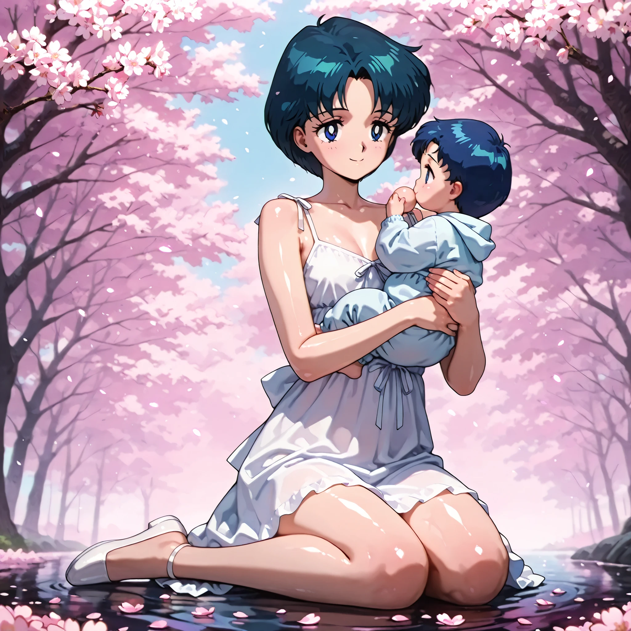 masterpiece, amazing quality, best quality, ultra-detailed, 8K, illustration, clear skin, ultra-detailed-eyes, soft skin, very awa, very as2, shiny skin, shiny hair, soft body, 90's style, official art, ami mizuno, blue eyes, blue hair, short hair, parted bangs, small breasts, 1girl, new born, baby boy, solo, Best quality, masterpiece, High Definition, white cherry blossoms, smile, detailed background, intricate details, black night, white casual dress, holding baby, Smile, full body, dark