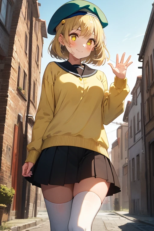 masterpiece, Top quality, Absurdity, Perfect Anatomy, One Girl, Solo, Rin Kagamine, Short hair, Bow, Sweater, Ribbed sweater, Long sleeve, Check mini skirt, Panties from behind,outdoors, city