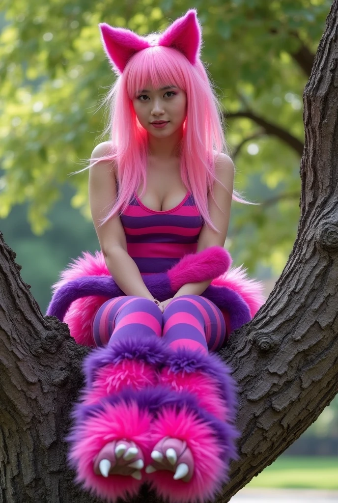 A WHOLE panda with long hair with pink highlights and heels
