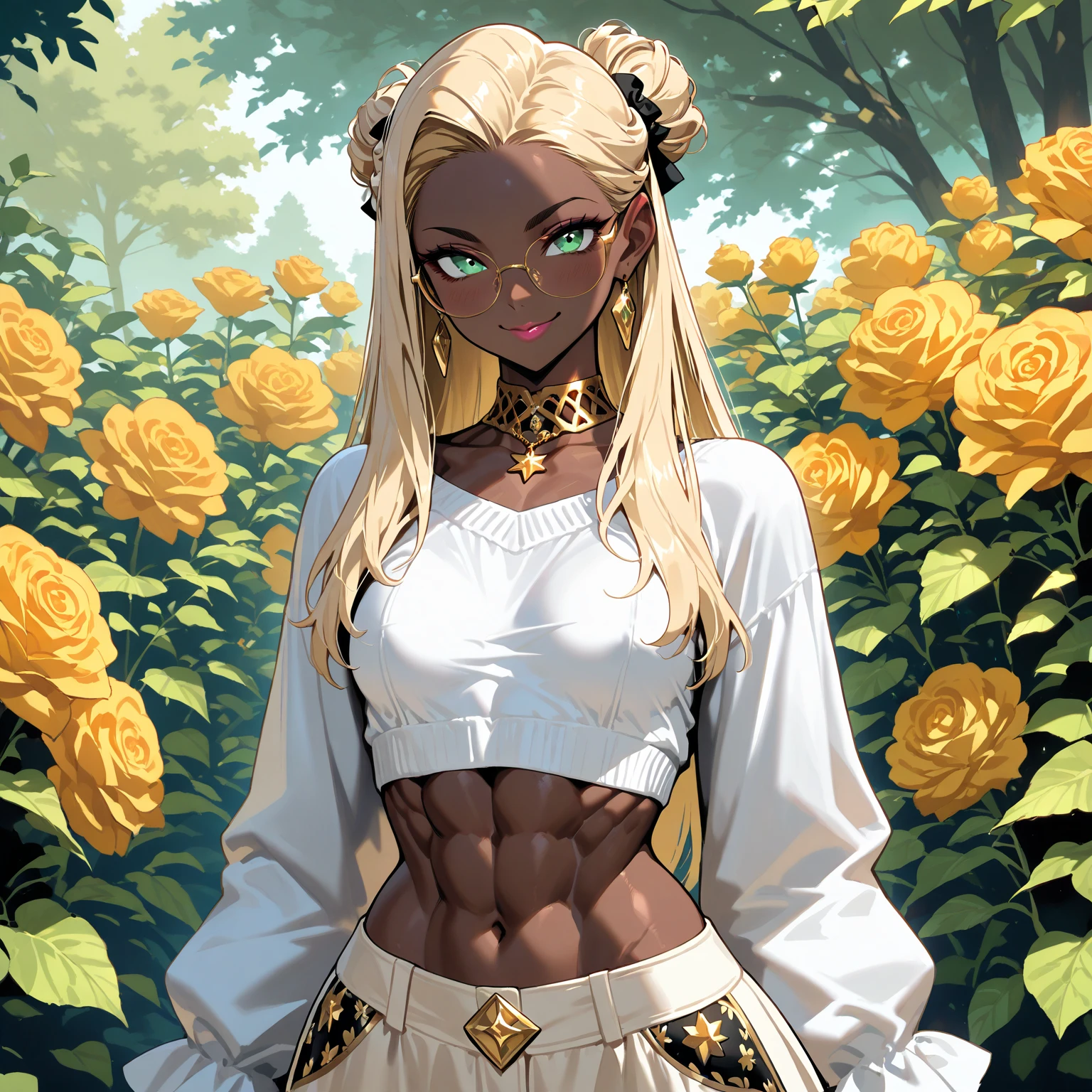 shiny effect, shiny glowing eyes, shiny hair, shiny lustrous dark skin, realistic dark skin, seductive girl laying down in a flower field, perky breasts, yellow flower crown, surrounded by flowers, topless, ripped microskirt