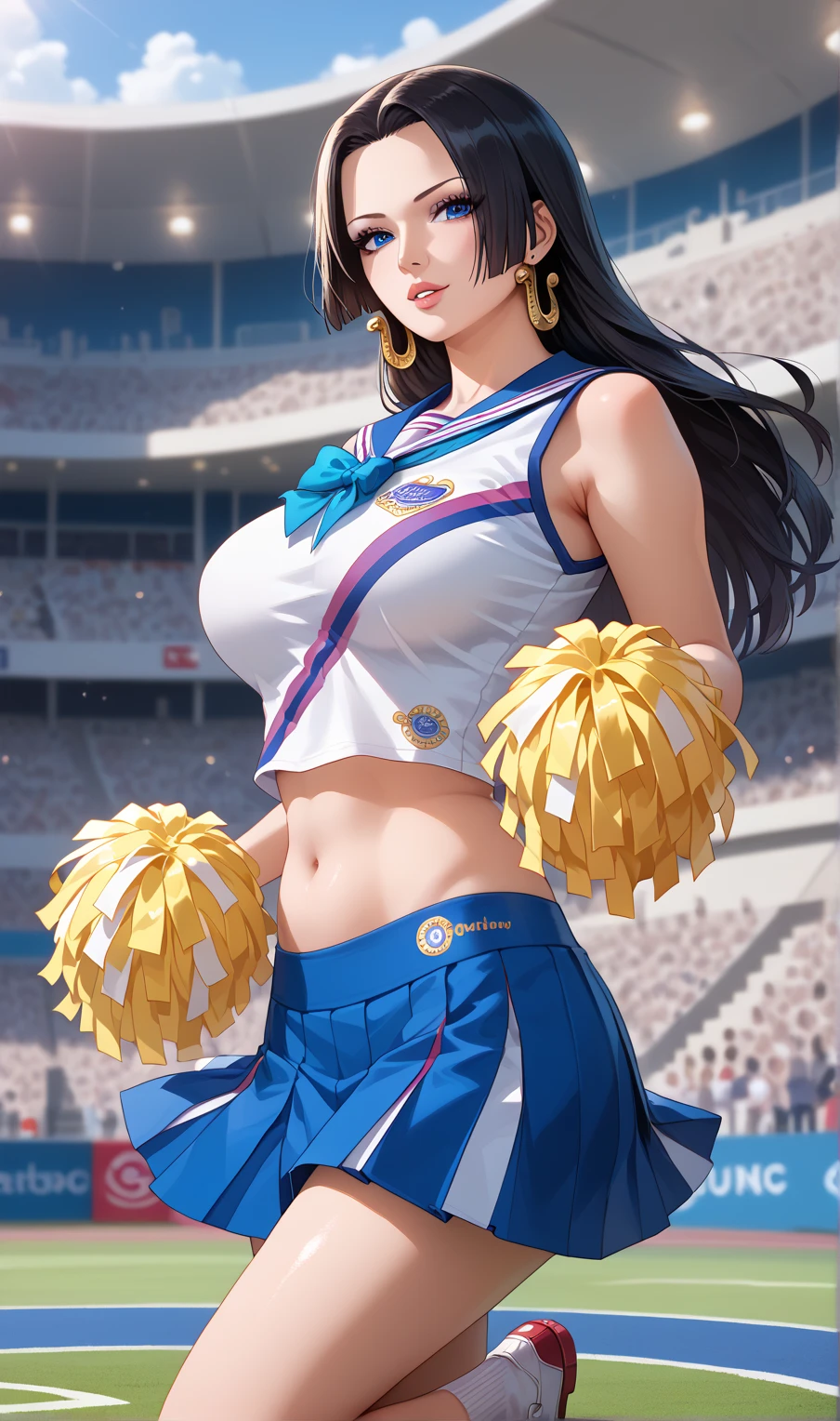 (masterpiece, Highest quality:1.2), One Girl, alone, whole body, Big Breasts,, Brown Hair,Big Breasts, Brown eyes, Mature Woman, ((Character design sheet)),((rough sketch)),((Vulgar)),Thick thighs,One Girl,(Current cheerleading style in yellow, navy and white:1.5), (mini skirt:1.1), ((Peeking up a skirt)), ((A skirt flipped up by the wind)), ((Not wearing panties)), ((No underwear)), ((Strong wind from the front)), Sports top with exposed center, Please raise your hand, Holding an orange pom-pom, Jumping,pubic hair,