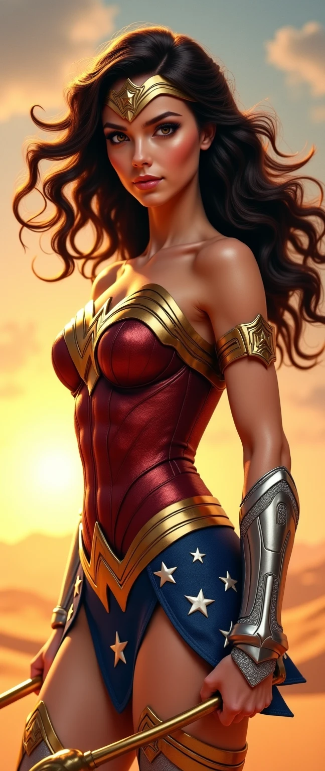 PhotoRealistic Art Style, Natural Beauty, Masterpiece, Full Body View Visible, Hailee Steinfeld, Perfectly Accurate Face Proportion,Realistic Light Hazel Brown Eyes, Thick Eyebrows, Brown hair, slim toned Thighs, tight ass, perky round breast , slim athletic body type, perfect body type, wonder woman