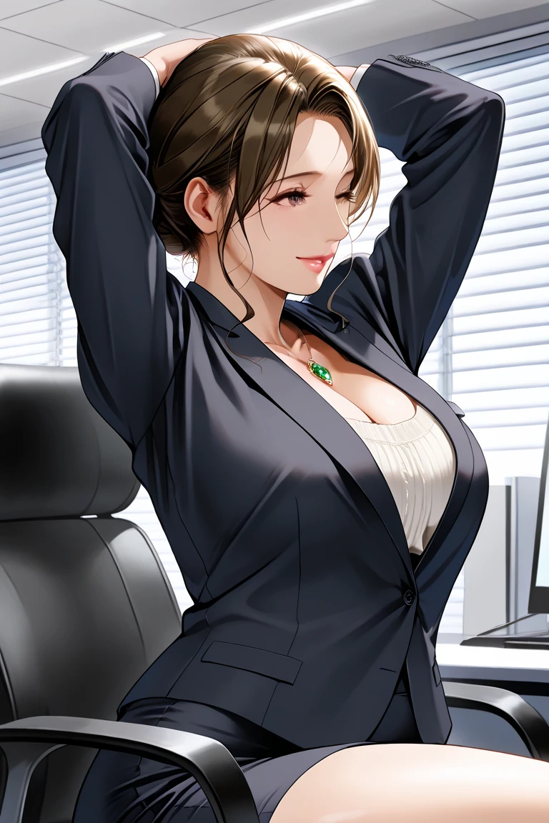 white silk shirt, deep v neck, business suit