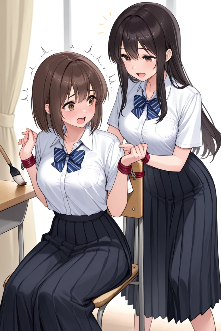Correct human body structure,perfect,long black hair,((Two young cute girls)),((school uniform)),Full body pictures,alarmed,blush,Black pantyhose,collar,Put your hands behind your back,tape bondage,Small Breasts,classroom