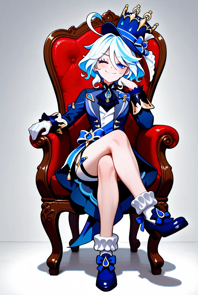 ((masterpiece,best quality)), 1girl, furina, heterochromia, short hair, blue hat, black shorts, barefoot, toes, sitting, from below, smile, crossed legs, hand on chin