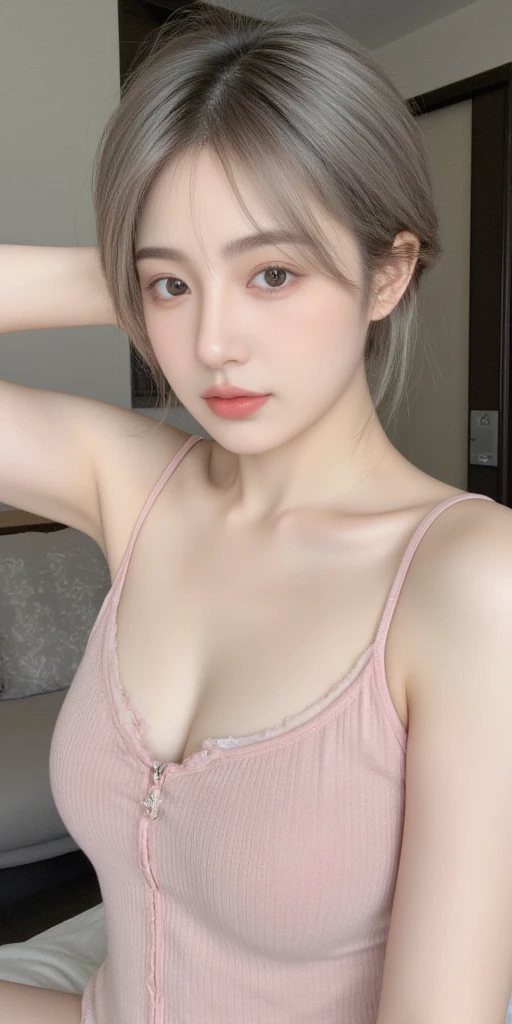 (8k, RAW photos, best quality, masterpiece:1.2), yjnn, 1girl, 3 d, asian, bangs, bare_shoulders, bow, bra, breasts, black_eyes, black_hair, cleavage, grey_background, lips, long_hair, short_sleeves, looking_at_viewer, huge_ breasts, navel, nose, off_shoulder, open_clothes, open_shirt, panties, real, camisole, solo, stomach, undergarment, undressing, upper_body, light blue_bra, light blue_panties, light blue_shirt, shiny skin, beautiful delicate face, beautiful delicate eyes, (real, Photo Realistic: 1), Lying in bed ((Realistic lighting, top quality, 8K, Masterpiece: 1.3)), Clear focus: 1.2, 1 girl, Perfect Body Beauty: 1.4, Slim Abs: 1.1, ((Dark Brown Hair, Big: 1.3)), (Wearing Ultra Thin Red Lace Underwear: 1.4, Gray Stockings: 1.2), Ultra fine face, narrow eyes, double eyelids, Lying in bed. [(Top Quality, Masterpiece, Intricate Details: 1.3):0.2], Real and Detailed Skin, POV Perspective, Viewer, (From Top: 1.2), (On the Bed), ((Lying in Bed: 1.2)), 1 Girl, (Korean Mixed, Kpop Idol), White Skin, (Scary, Crying, Tears: 1.25), (Slender Body: 1.2), (Colossal)))), (Maid, Light Lingerie, Naked:1.2), navel (cleavage: 1.12), buttocks sticking out, ((see-through lingerie)), (((pink pillows and sheets)), (body portrait), (((breast closeup)))
