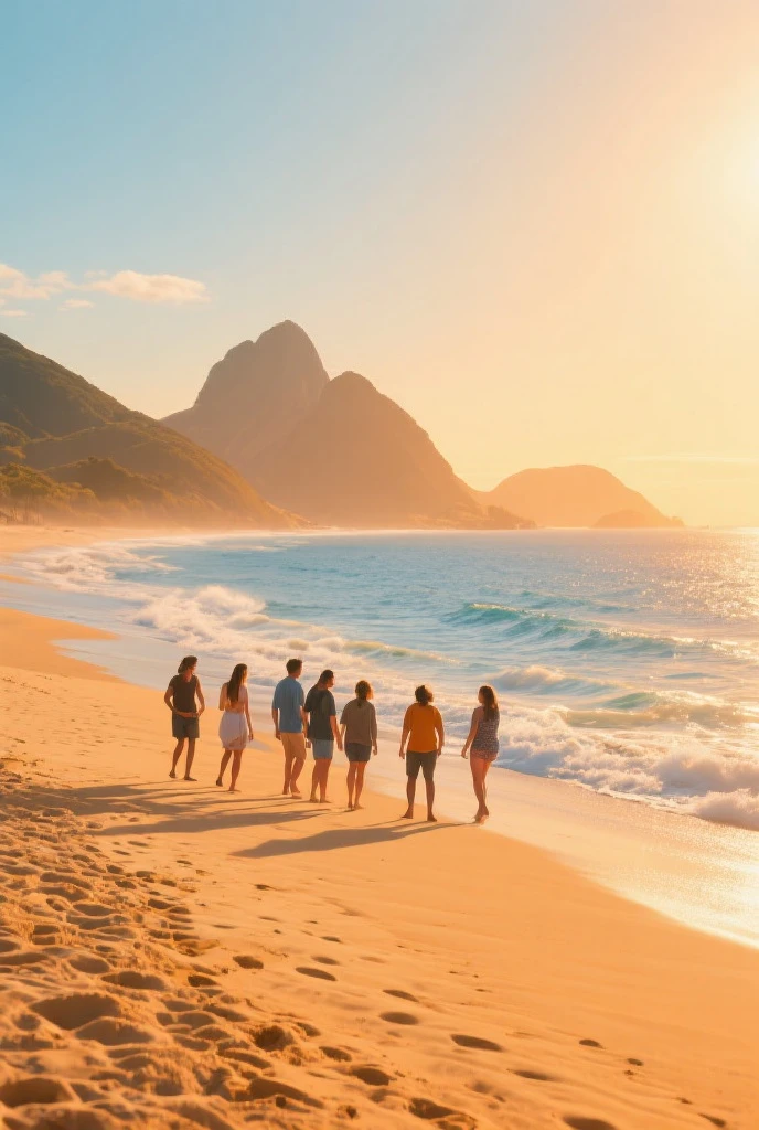 A group of people on the beach from the back rear view modern environment, these people are sitting on the sand with their backs looking at the sea waves, best hd finish, no one in the water, bright sunlight, people's perfect skin, intricate details , there are two men and two women