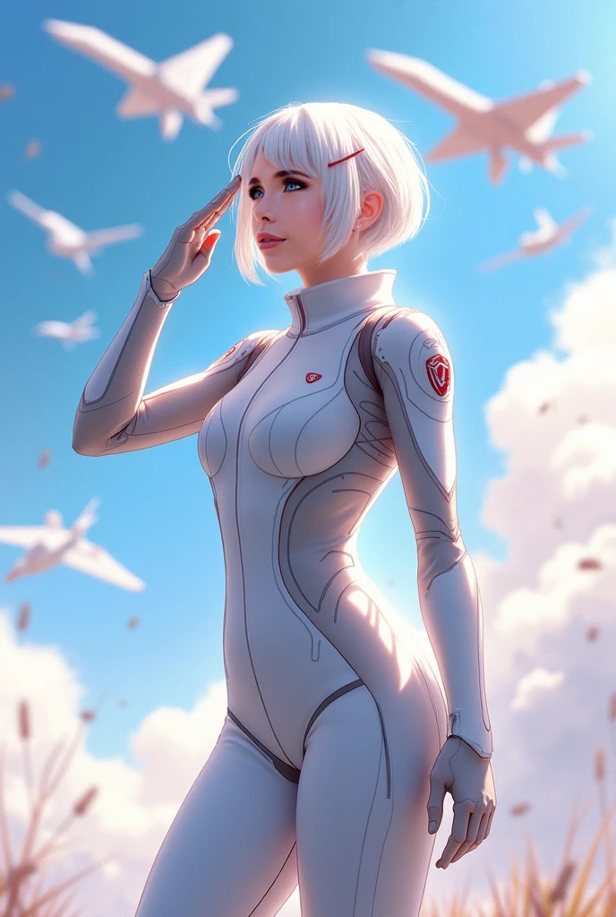 realistic photo, best quality possible, albino angel woman, she has no eyebrows, red lips, wears all white clothes, skin-tight, covers from head to toe, energetic halo over the character's head, has no hair, bald, completely white eyes, wings energetic like an angel, she floats in a totally white lit room