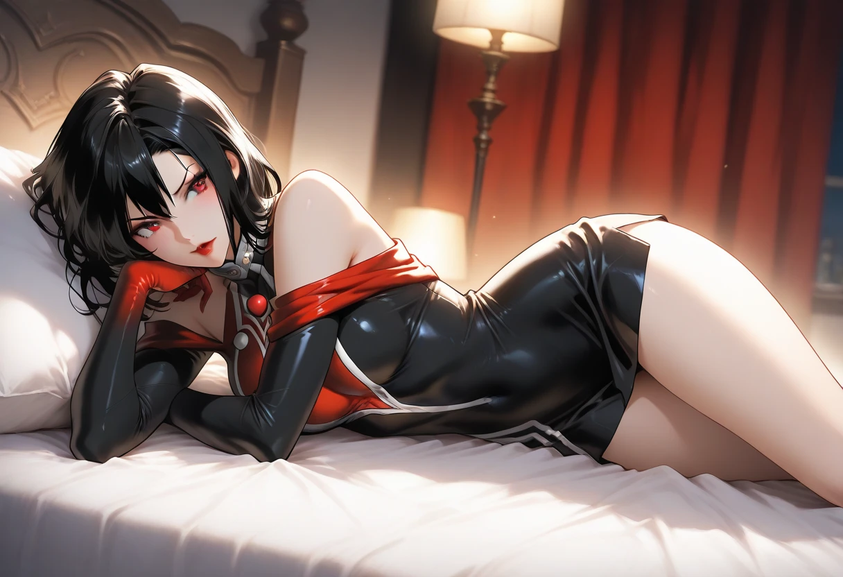masterpiece, absurdres, 1 teenage girl, Age 15 old. Sarada\(boruto], black hair, floating hair, shoulder length hair, hair tied in ponytail, Flower ribbon on her hair. wind. masterpiece, absurdres , (intricate details), (colorful),cinematic lighting,bust shot,extremely detailed CG unity 8k wallpaper 1girl, solo, Cute Christmas Lingerie, Socks. Black heels. Bedroom Background, lying on bed or sleeping position. snow falling. Sarada Attractive looking. athletic Abs detailed, biceps triceps pumped up, body sweat glow, sweat on her body, Slutty Wide hips, (Medium Breast) [Beautiful Curvy butt]. Heart shaped Lips, Painted Lips shine. detailed eyes, blushed, Adorable Facial, looking at viewer. Frameless glasses, choker. Detailed Red eyes