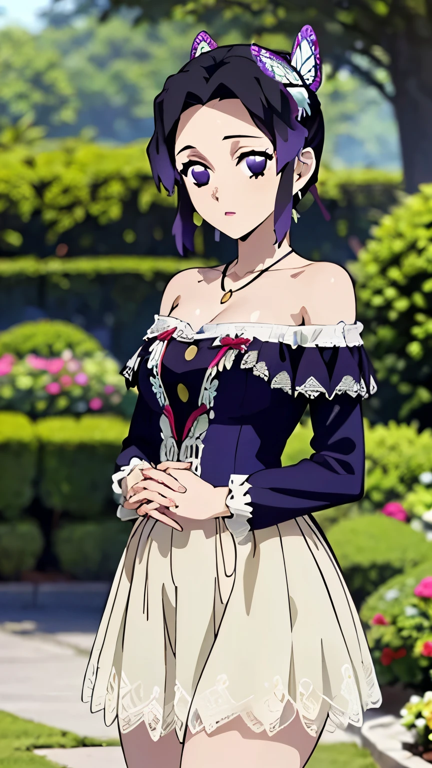 (masterpiece, best quality, high resolution, 8k:1.2), (anime coloring:1.2), 1girl, high resolution, unity 8k wallpaper, (beautiful detailed eyes:1.2), extremely detailed face, perfect face, perfect lighting, extremely detailed CG, beautiful eyes, perfect eyes, detailed eyes, distinctive big highlights, symmetrical eyes, Purple Hair, short hair, (large butterfly hair clip:1.2), Pretty Parted bangs, purple eyes, narrow eyes, (slim:1.3), (small medium breasts:1.2), (sexy pose:1.2), (perfect hands, perfect anatomy), solo, nffsw, (blue dress, off shoulder dress, lace-trimmed dress, bare shoulders, frills), earrings, pendants, (garden), (cowboy shot:1.2), looking at the viewer, dutch angle,