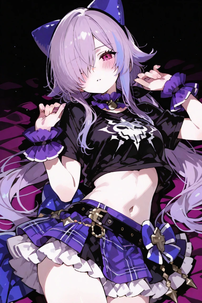 A VTuber with cat ears sticking out of her long, wavy, vibrant pastel pink hair. The hairstyle has a punk style/cyberpunk, with asymmetrical strands, slightly bleached tips, and details like piercings and metal clips. Her outfit combines a short dress in pastel tones with bows and lace., accompanied by pastel tights with kitten drawings and black combat boots, creating a contrast between cute and rebellious.