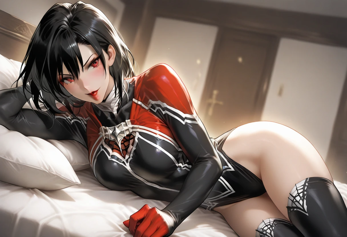 1girl,alone,kaguya shinomiya,best quality (masterpiece: 1.2),detailed,closed mouth,light smile, black hair, red eyes, red playboy bunny outfit, red headband, bunny ears, black pantyhose, room, bedroom, sitting on bed, legs open, good lighting, night, dark, short hair, folded ponytail, ribbon for hair, red ribbon, medium breasts, medium waist, wide hips, medium thighs, round butt, facing the viewer, pov (from above), (( body complete)), perfect anatomy, perfect hands