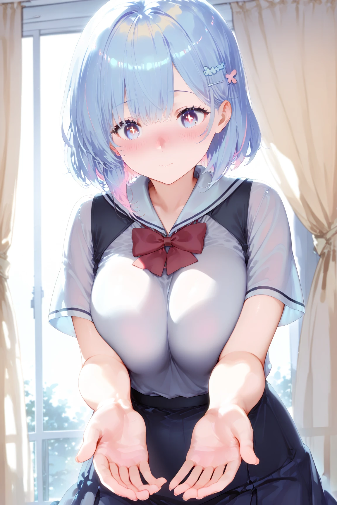 mastute piece,Best Quality,insanely detailed,8k cg,nsfw,
(shoot upper body:1.3),
(1girls:1.3),standing,looking at viewr,body in front,(arms behind back:1.4),(nurse costume,nurse cap),(bare breasts:1.4),(bare nipples:1.4),
break,
blush,shy,(ecstasy face),(trembling:1.2),break,(light blue hair:1.3),
break,
perfect breasts,perfect teats,(open mouth:0.9),(large breasts:1.2),
(hospitalroom),