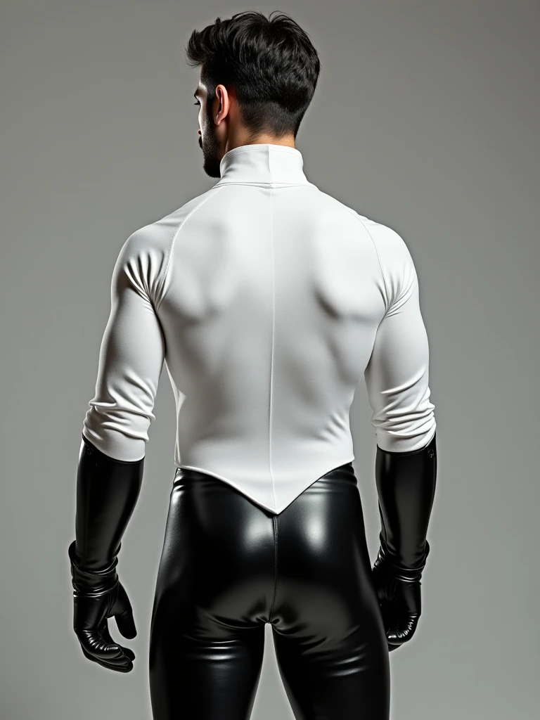 (masutepiece,High resolution,ultra - detailed:1.0),1(man,Robot man),Perfect male body,Look at the camera,Delicate eyes and delicate face,extremely details CG,Unity 8k wallpaper,intricate-detail,solo person,Detailed face, (Futuristic super tight spandex white bodysuit), Best Quality, hands visible, (White Gloves), short hair:1.5 , full length shot(fls) , big thighs , insane details, hyper details ,16k resolution , ultra-high clarity , hyperrealism, uhd,(K-pop idol ), thick thighs, male , ((unrealistic wide hips , unrealistic wide pelvis )), ((only man , only male)) , ((ultra realism , ultra photorealism)) , (sexy , eroticism , nsfw) , mature man , beard