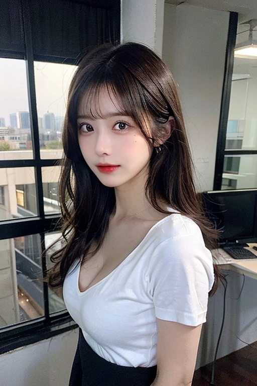 ((best quality)), ((masterpiece)), (detailed), perfect face. Asian girl. Selfie. Blank T-shirt. Bedroom wall. Cleavage.