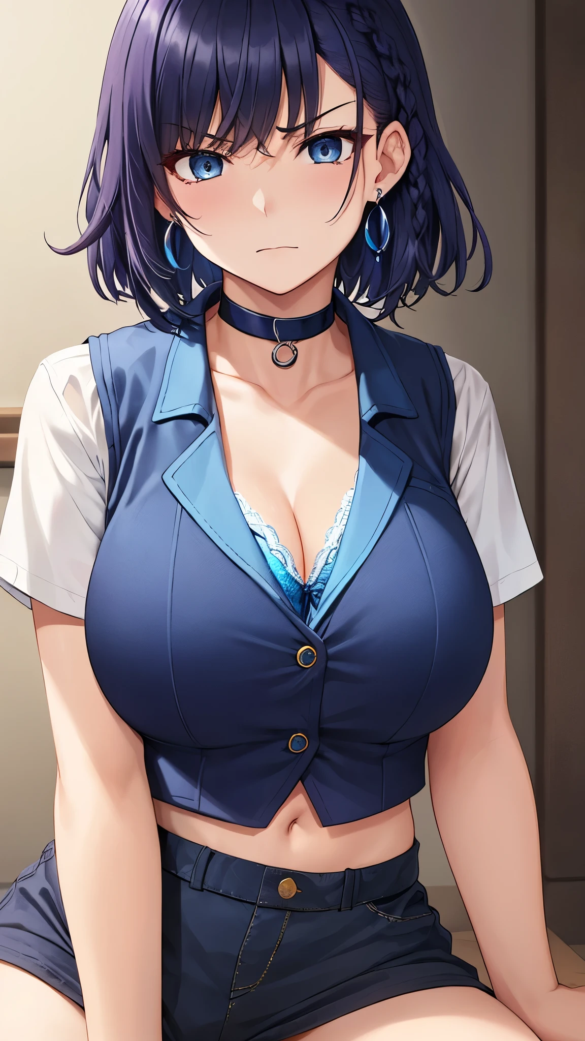 ((masterpiece)),(best quality),official art,extremely detailed CG,unity 8k wallpaper,ultra detailed,beautiful detailed eyes,extremely detailed face,indoors,1girl,solo,cowboy shot,looking at viewer,facing viewer,smile,Amano Saya,short hair,blue hair,shiny hair,hair intakes,hair between eyes,bangs,purple eyes,collarbone,jewelry,necklace,cleavage,collared shirt,dress shirt,white shirt,short sleeves,huge breasts,covered nipples,jeans,sneakers,<lora:Amano Saya(nnds)>,